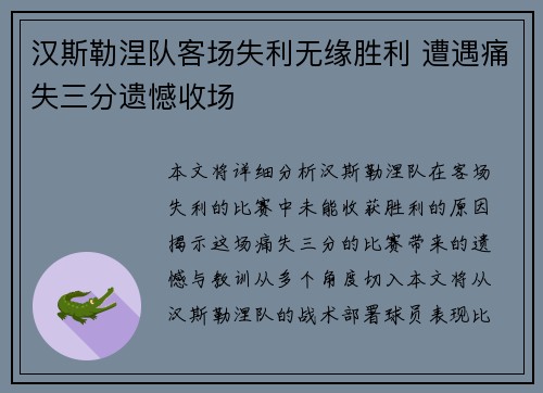 汉斯勒涅队客场失利无缘胜利 遭遇痛失三分遗憾收场