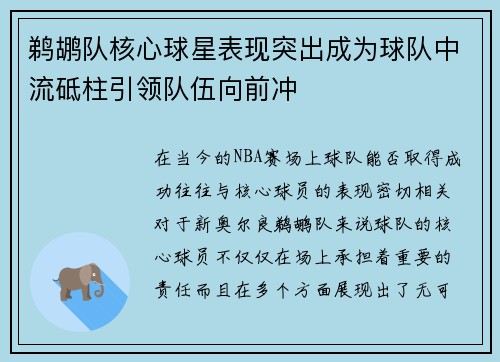鹈鹕队核心球星表现突出成为球队中流砥柱引领队伍向前冲