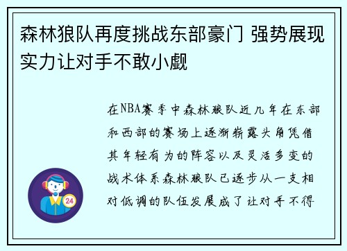 森林狼队再度挑战东部豪门 强势展现实力让对手不敢小觑