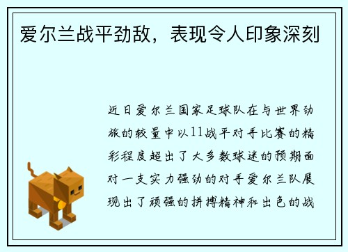 爱尔兰战平劲敌，表现令人印象深刻