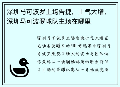 深圳马可波罗主场告捷，士气大增，深圳马可波罗球队主场在哪里