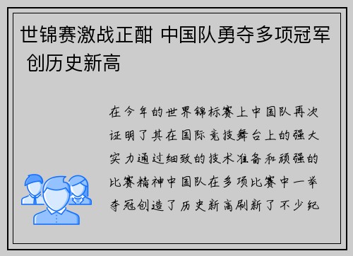 世锦赛激战正酣 中国队勇夺多项冠军 创历史新高