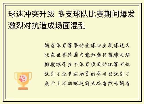 球迷冲突升级 多支球队比赛期间爆发激烈对抗造成场面混乱