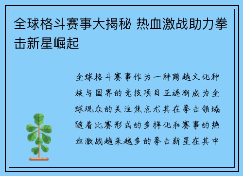 全球格斗赛事大揭秘 热血激战助力拳击新星崛起